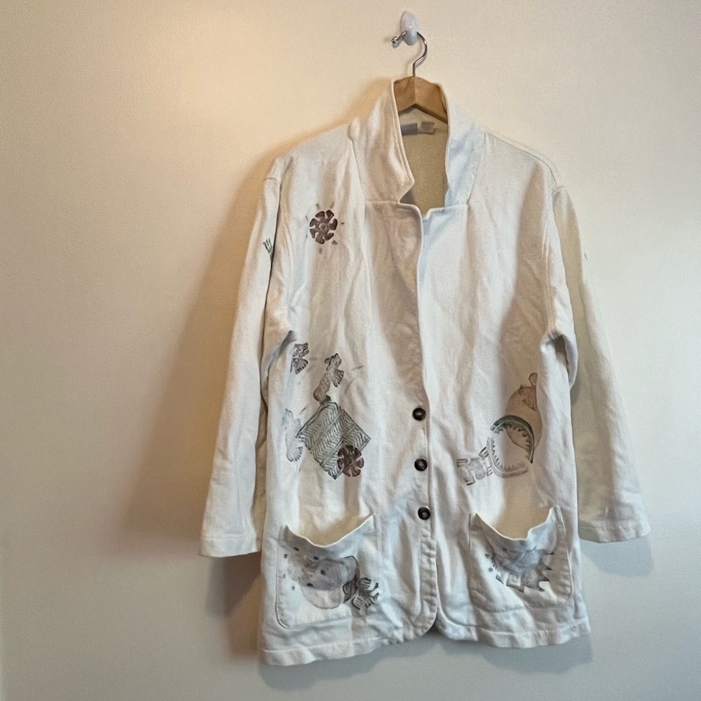 Chico’s Women's White Jacket cardigan blazer oversized bulky tribal motifs